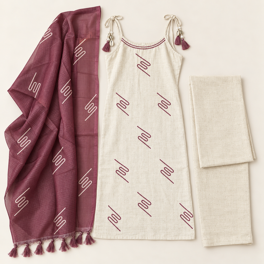 Cream jute fabric kurta suit set with purple thread work