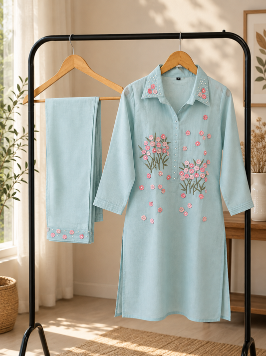 Light blue coordset with pearl work