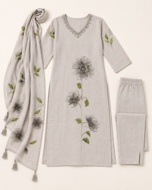 Grey kurta suit set with cut dana work