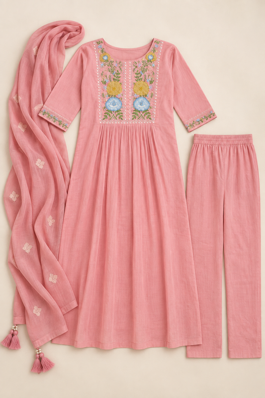 Pink mul cotton kurta suit set