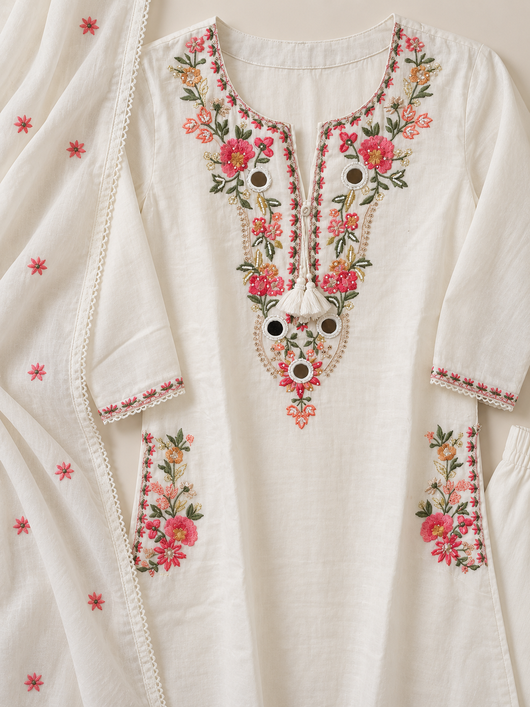 White thread and mirror work kurta suit set