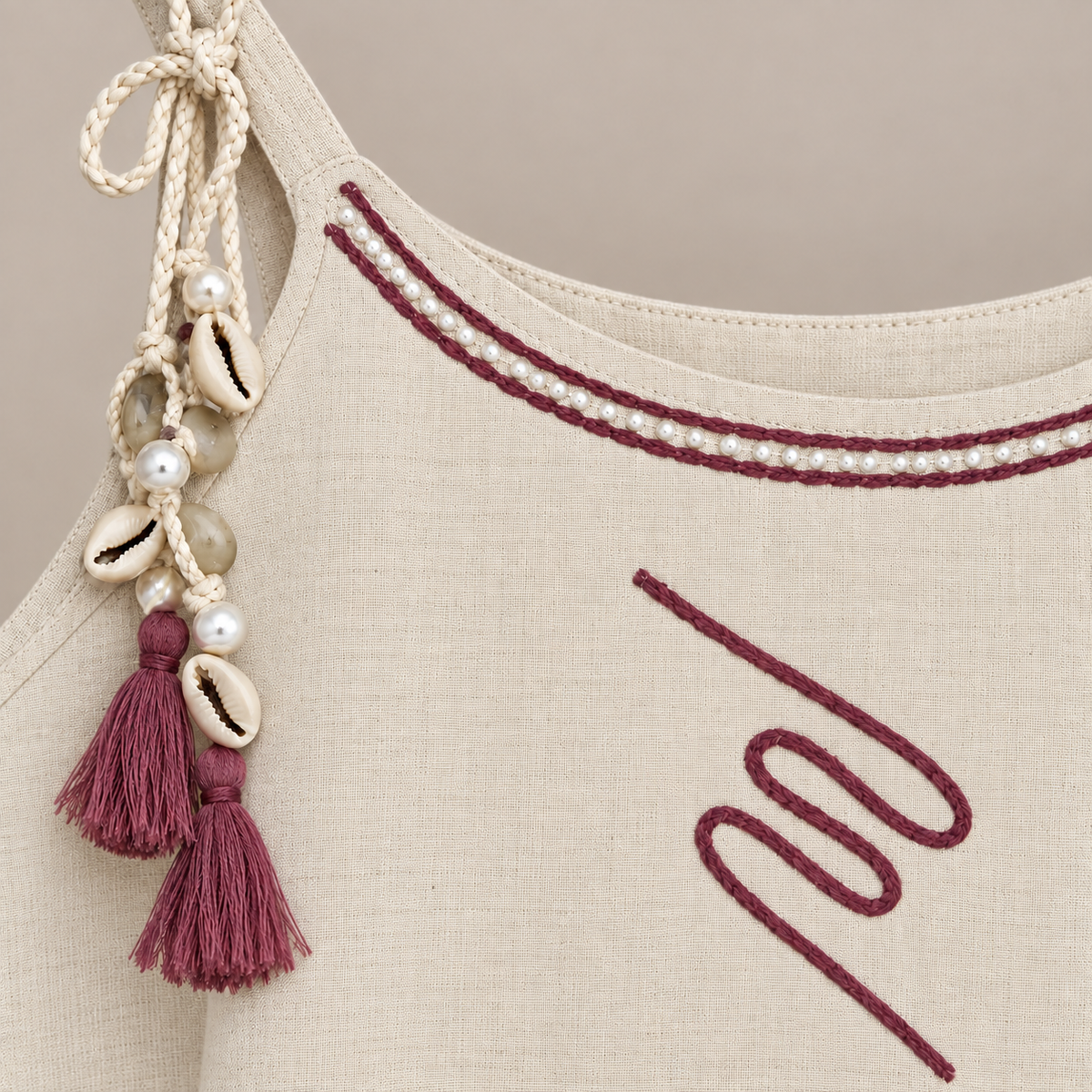Cream jute fabric kurta suit set with purple thread work