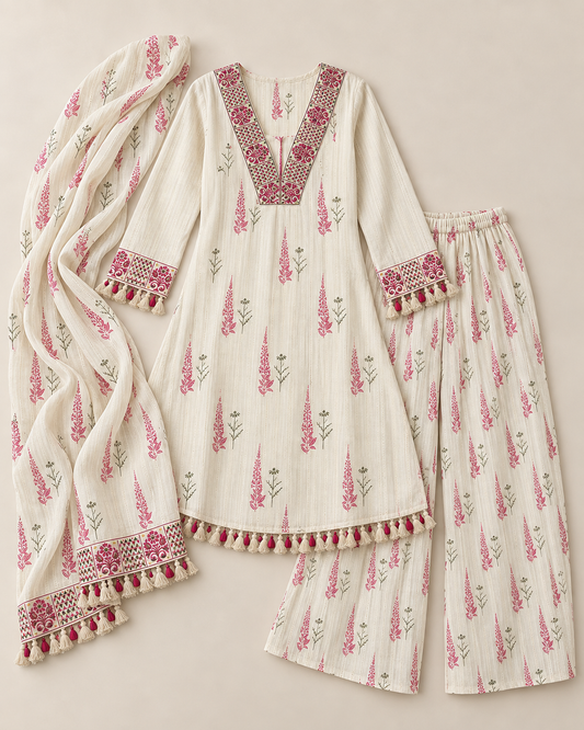 Kora cotton cream/pink kurta suit set