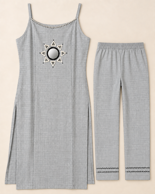 Grey khadi cotton coordset with mirror work