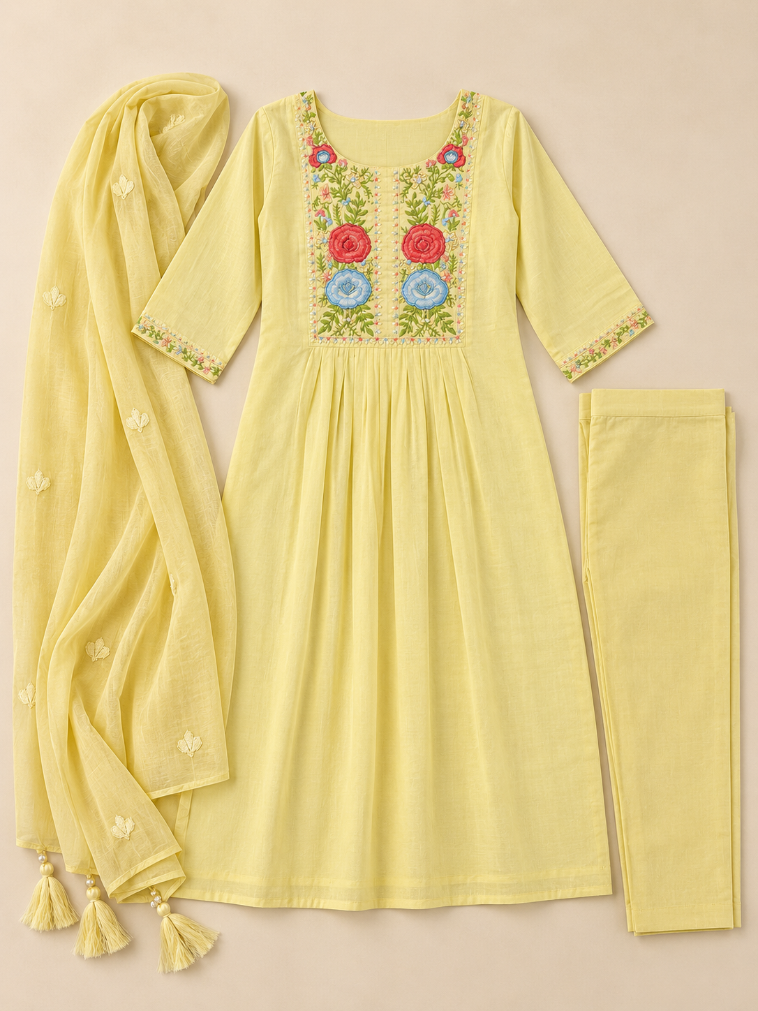 Yellow mul cotton kurta suit set
