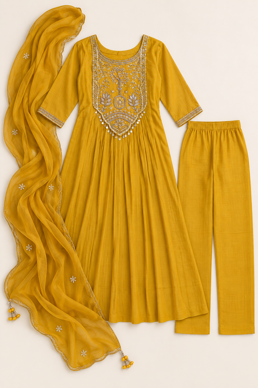 Mustard Bloom Embellished Kurta Set