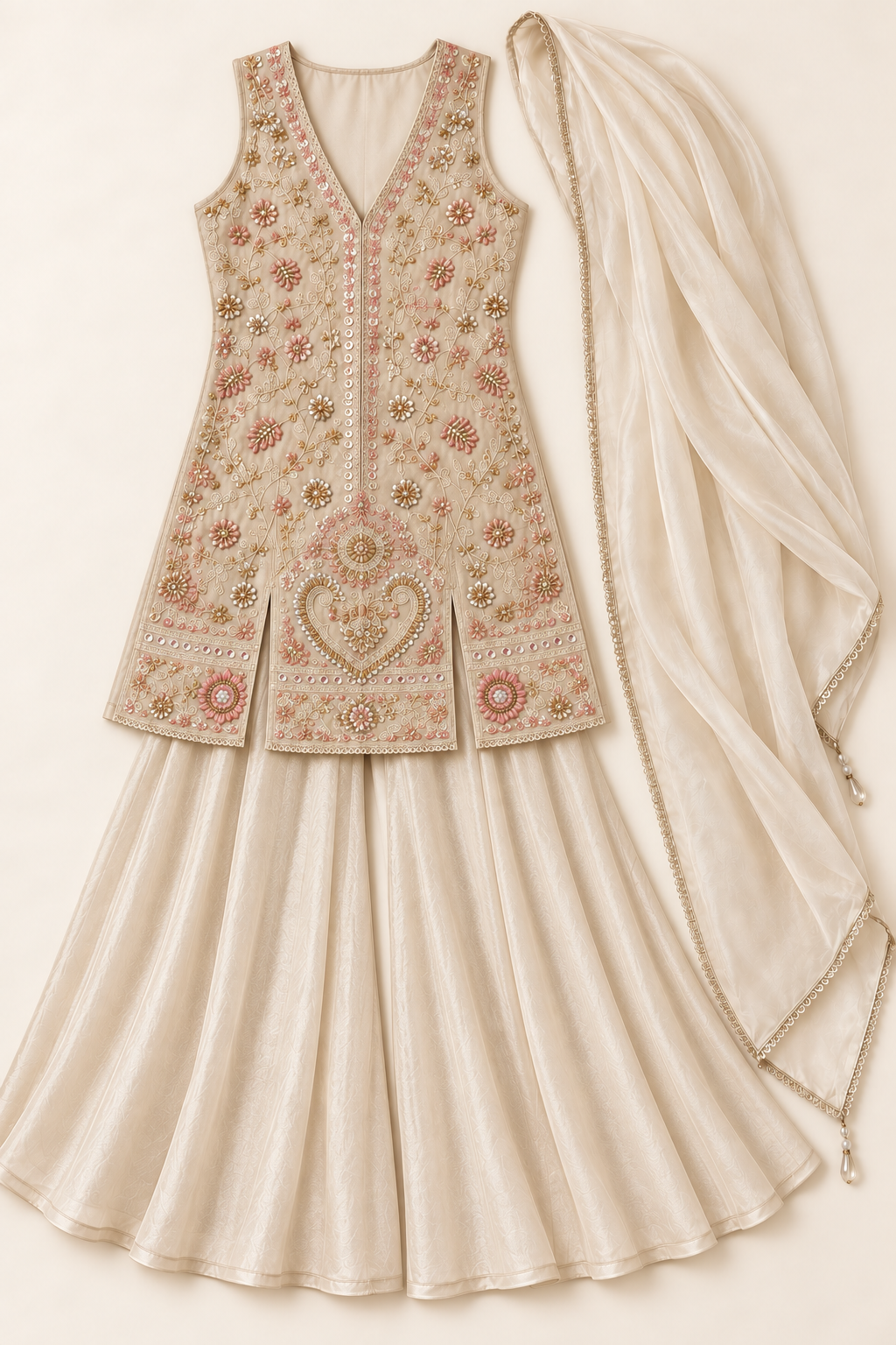 Ivory Floral Embroidered Kurta Suit Set
