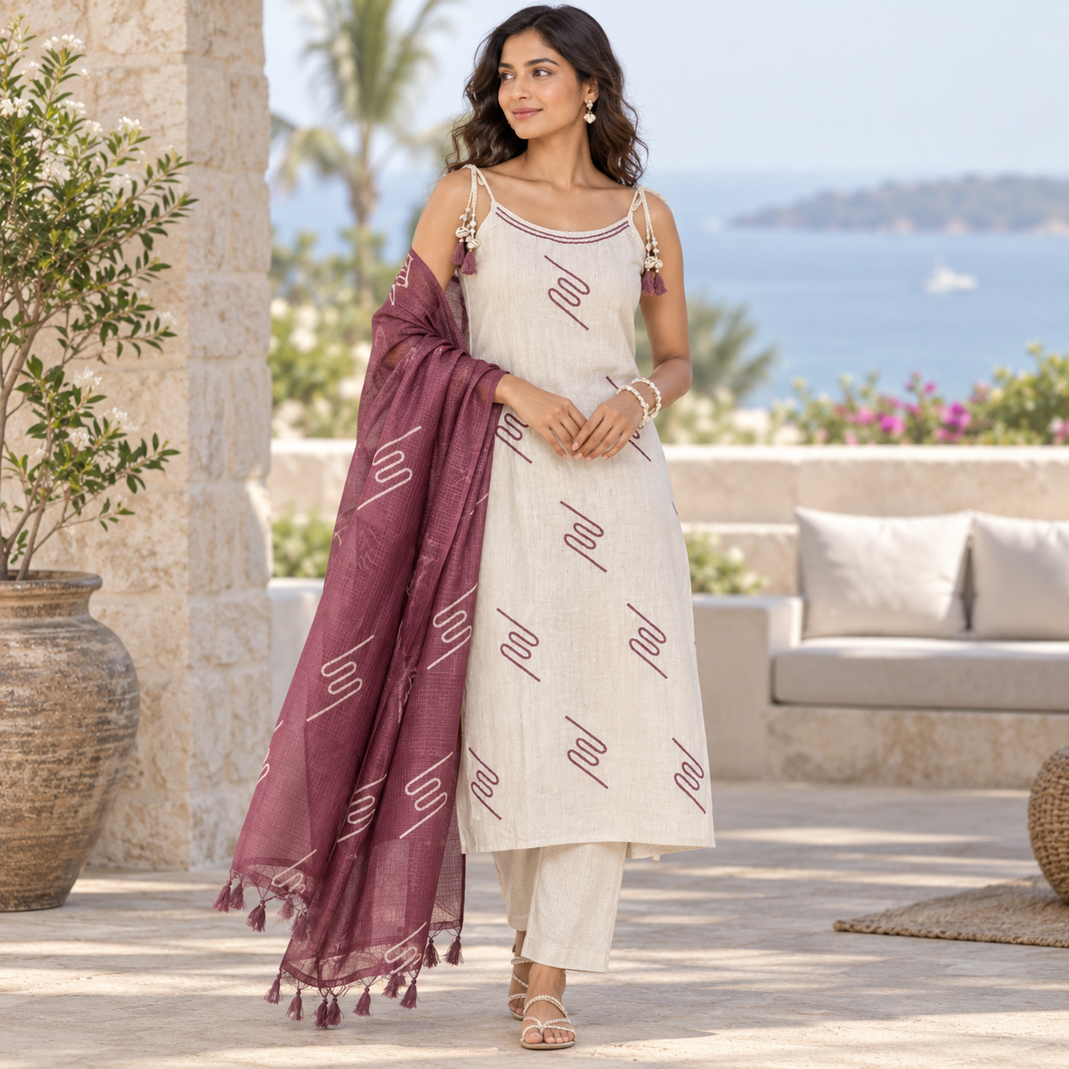 Cream jute fabric kurta suit set with purple thread work