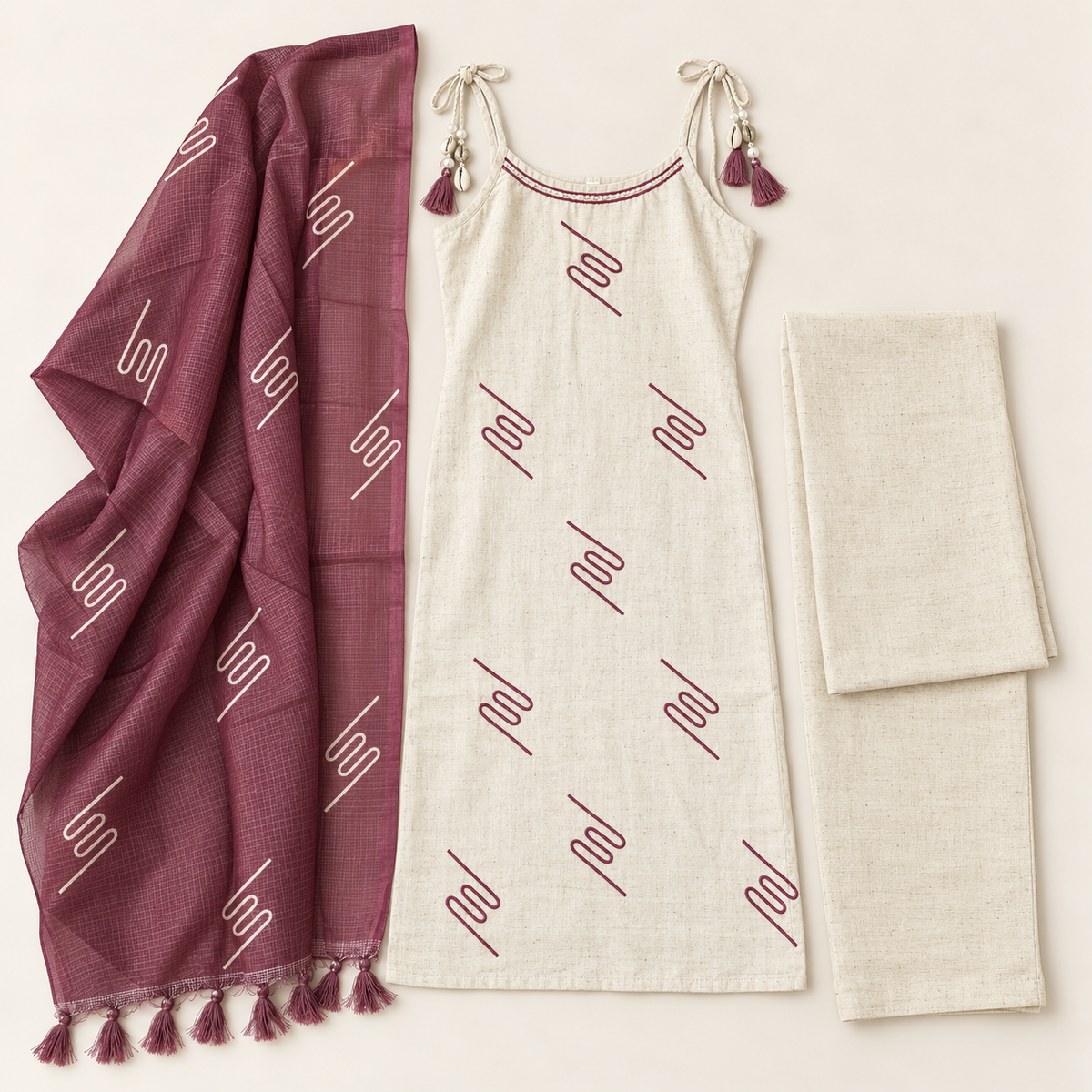 Cream jute fabric kurta suit set with purple thread work