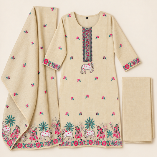 Beige kurta suit set with cow print
