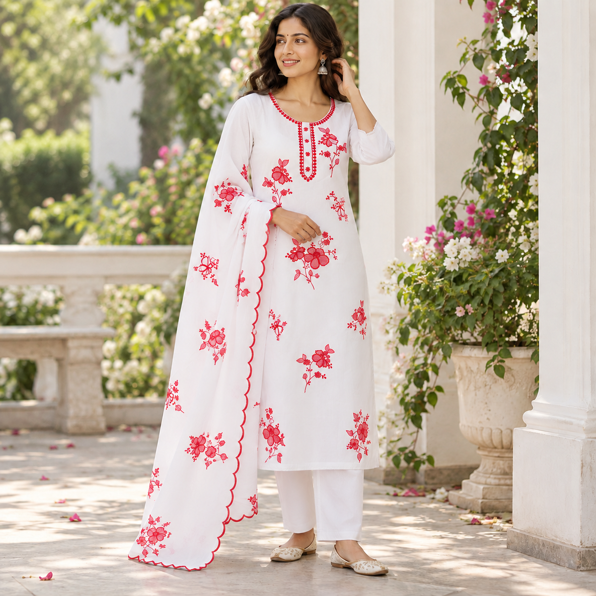 White kurta suit set with red thread work