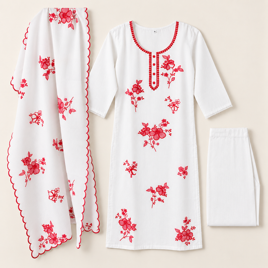 White kurta suit set with red thread work