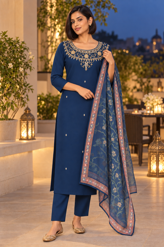 Blue roman silk kurta suit set with cut dana work