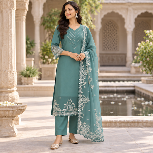 Green roman silk kurta suit set