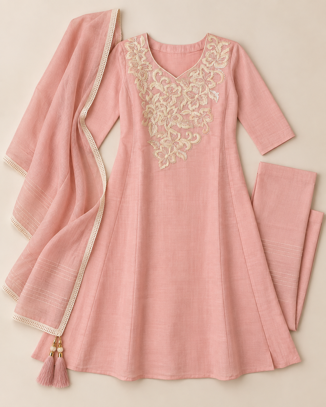 Pink kurta suit set with cut dana work