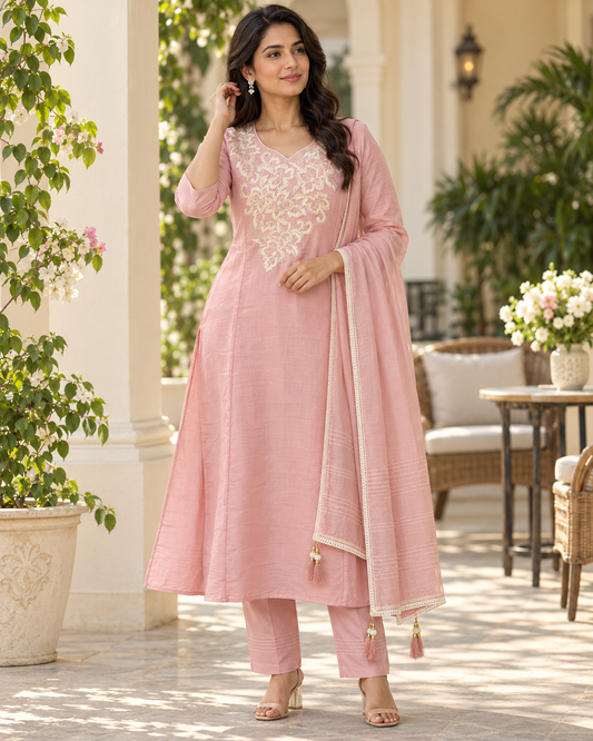 Pink kurta suit set with cut dana work