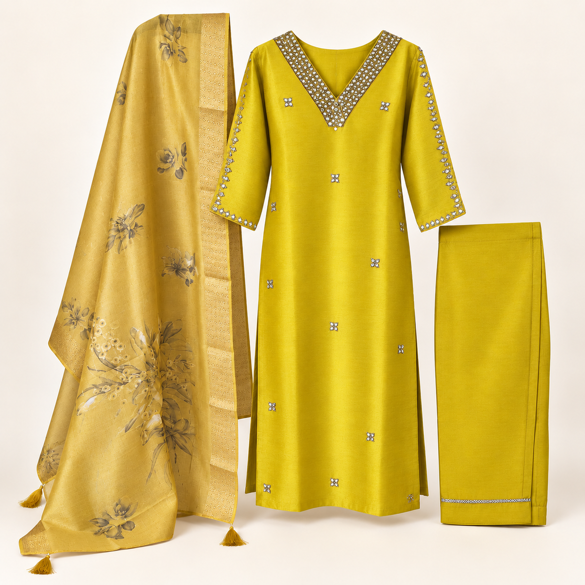 Yellow mirror work pure tissue shimmer kurta suit set