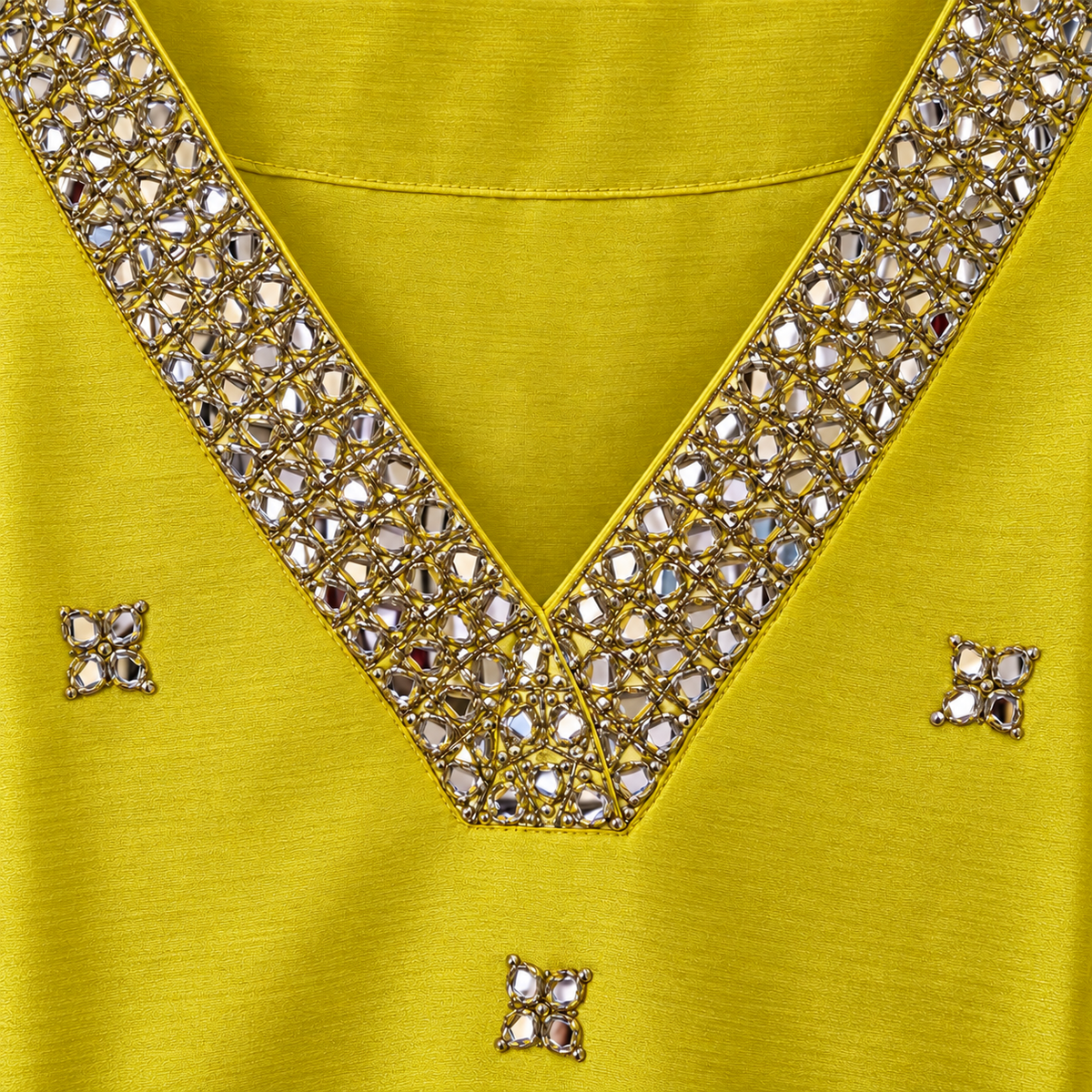 Yellow mirror work pure tissue shimmer kurta suit set