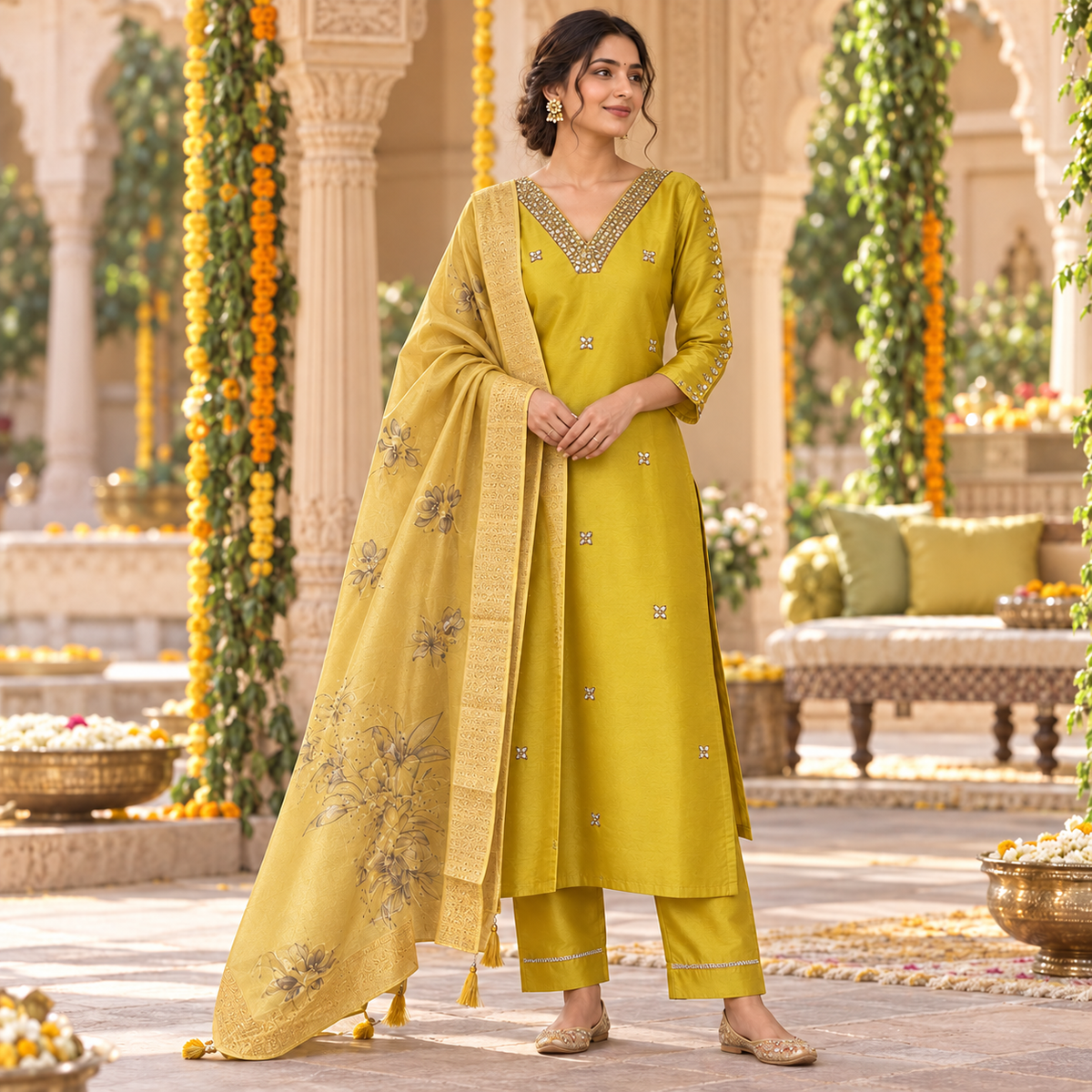 Yellow mirror work pure tissue shimmer kurta suit set