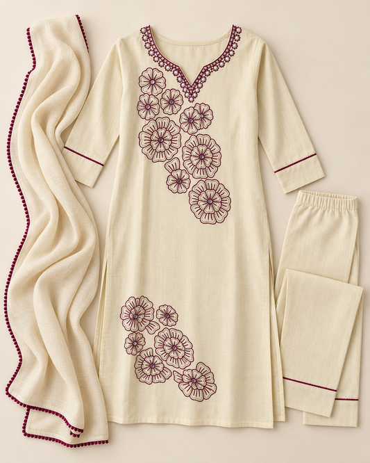 Beige kurta suit set with maroon thread work