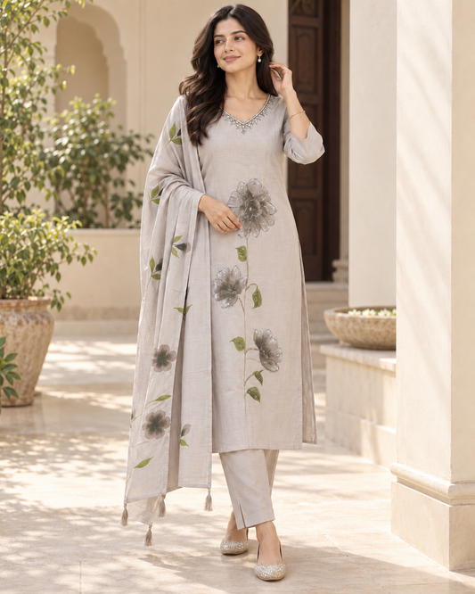 Grey kurta suit set with cut dana work