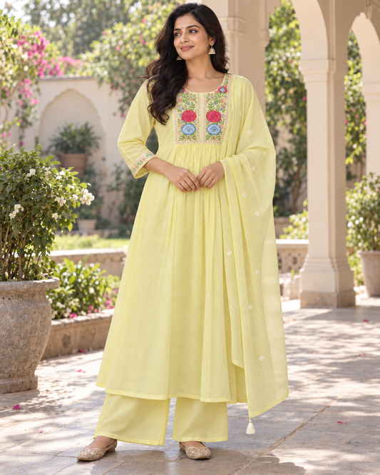 Yellow mul cotton kurta suit set