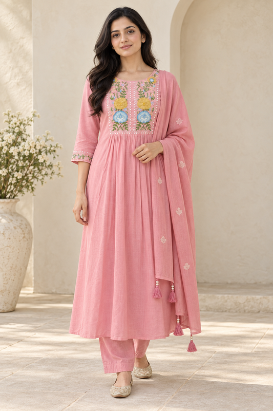 Pink mul cotton kurta suit set