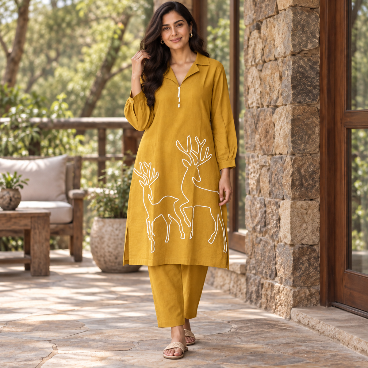 Mustard collared coordset with thread work with baloon style sleeves