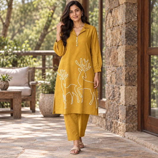 Mustard collared coordset with thread work with baloon style sleeves