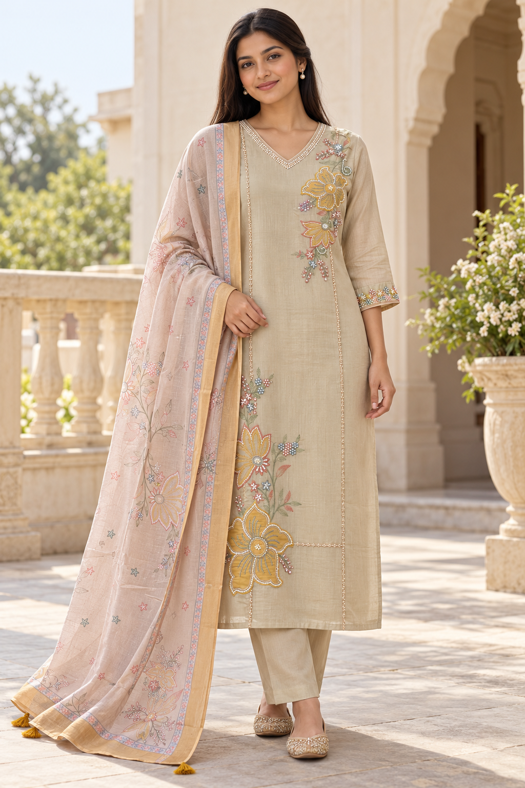 Beige kurta suit set with pearl work