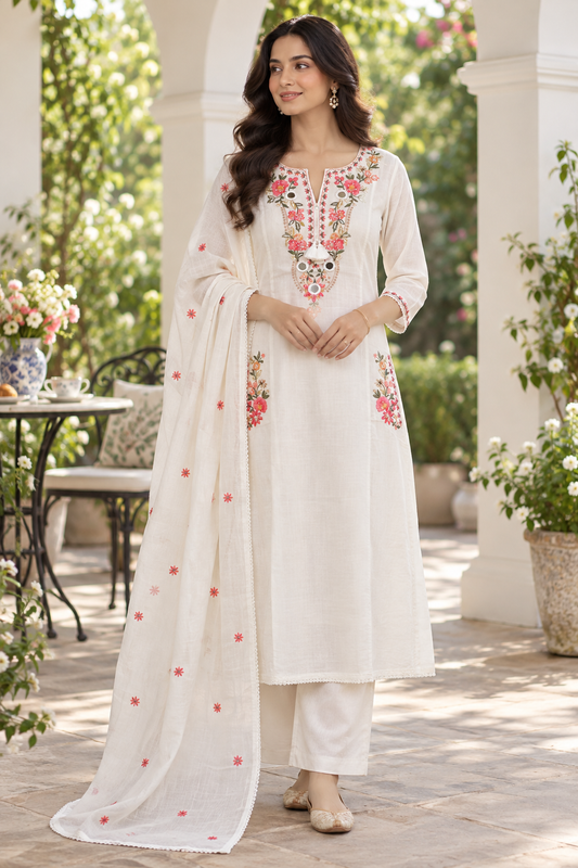 White thread and mirror work kurta suit set