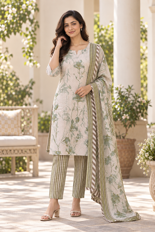 Green handblock print kurta suit set