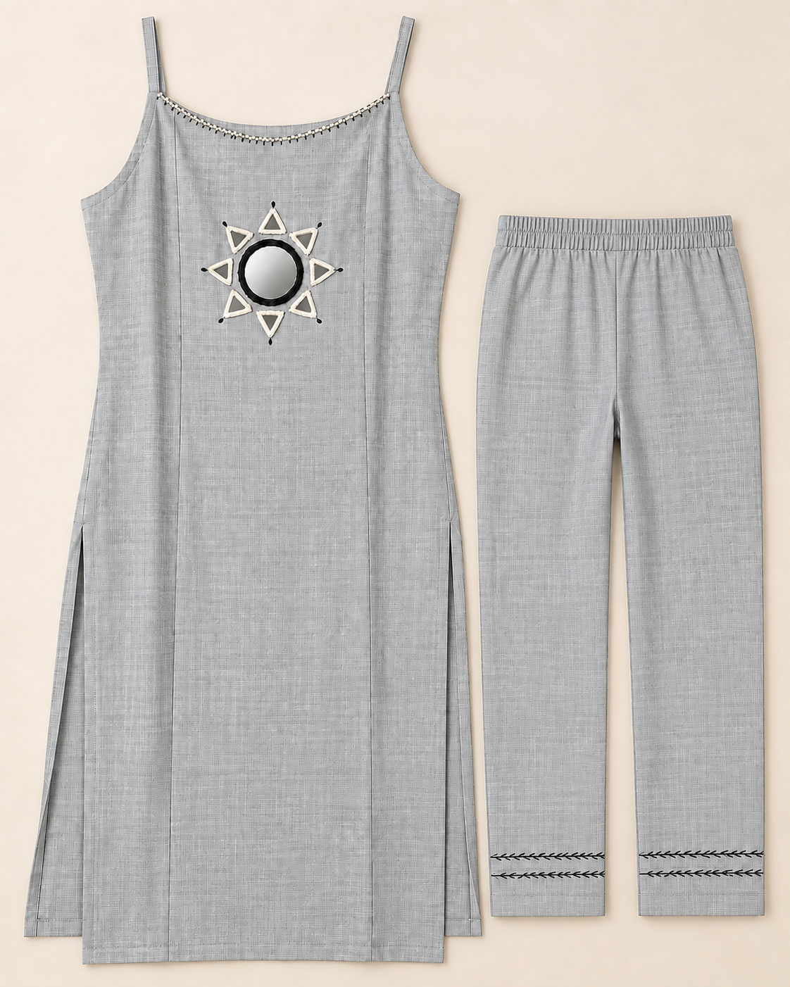 Grey khadi cotton coordset with mirror work