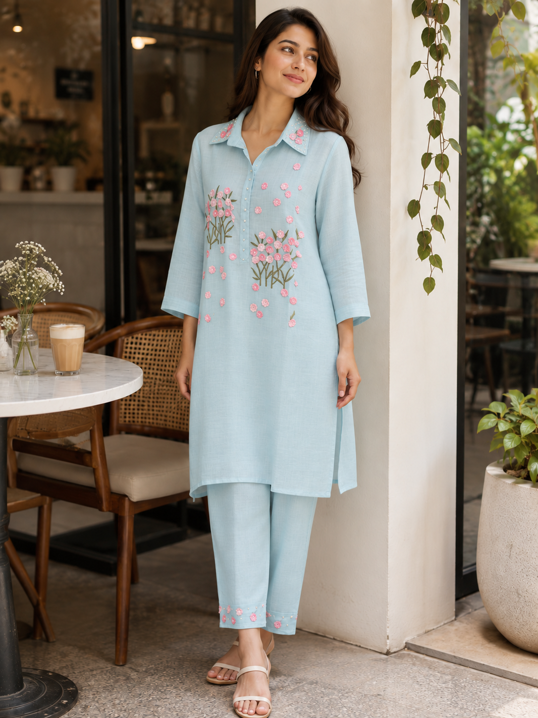 Light blue coordset with pearl work