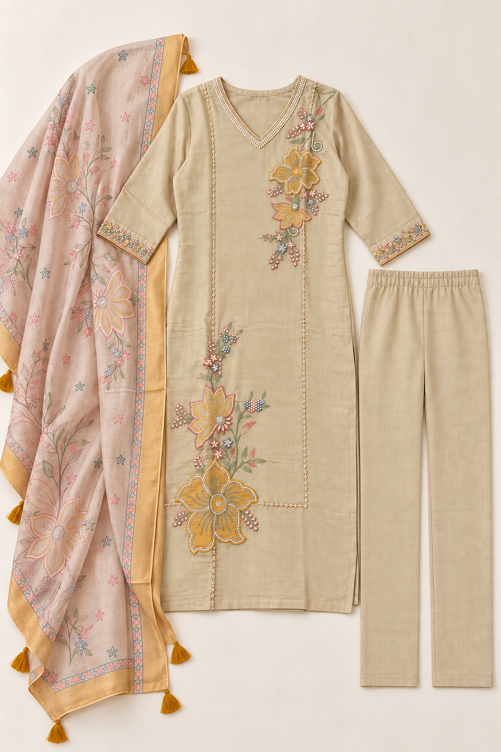 Beige kurta suit set with pearl work