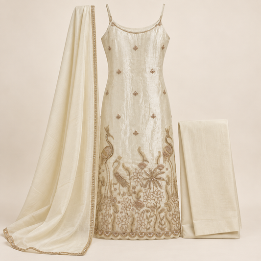 Cream kurta suit set with cutdana work