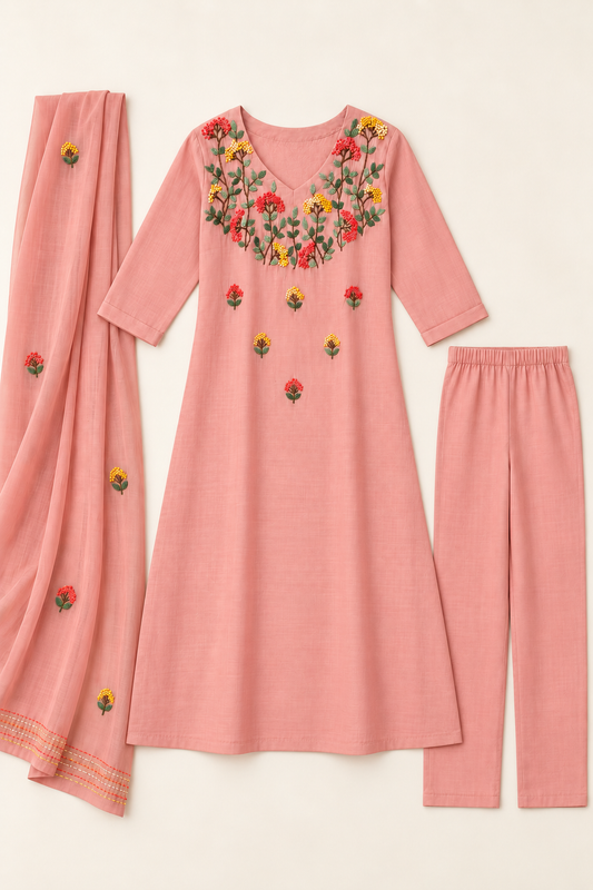 Dusty Rose Floral A-Line Kurta Set