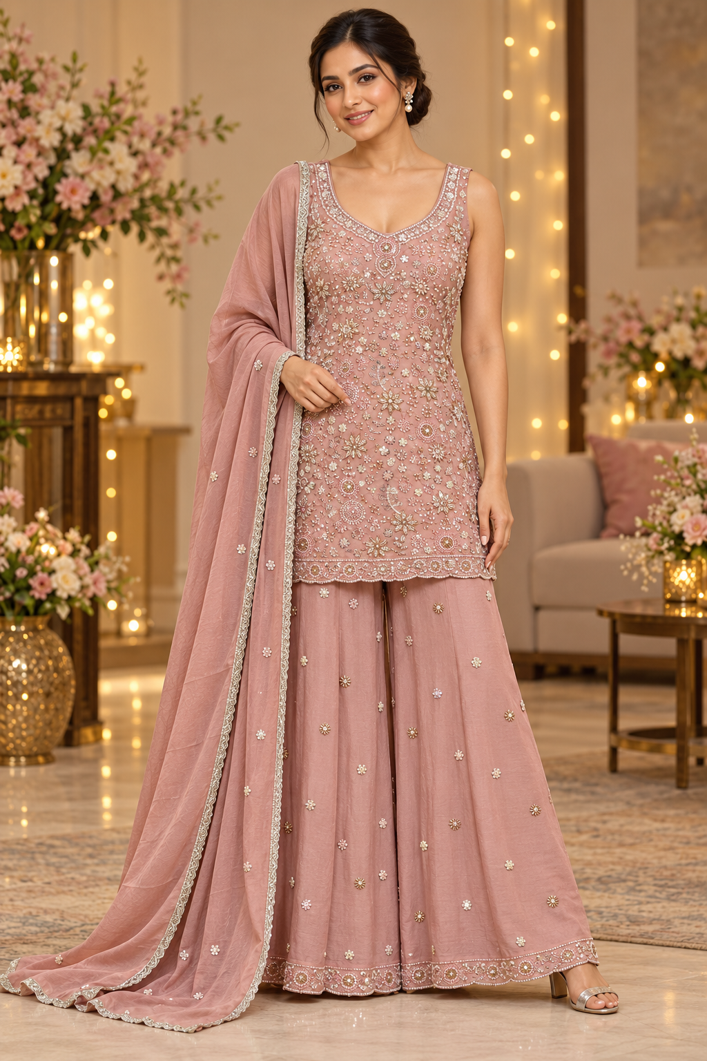Dusty Rose Embellished Sharara Set