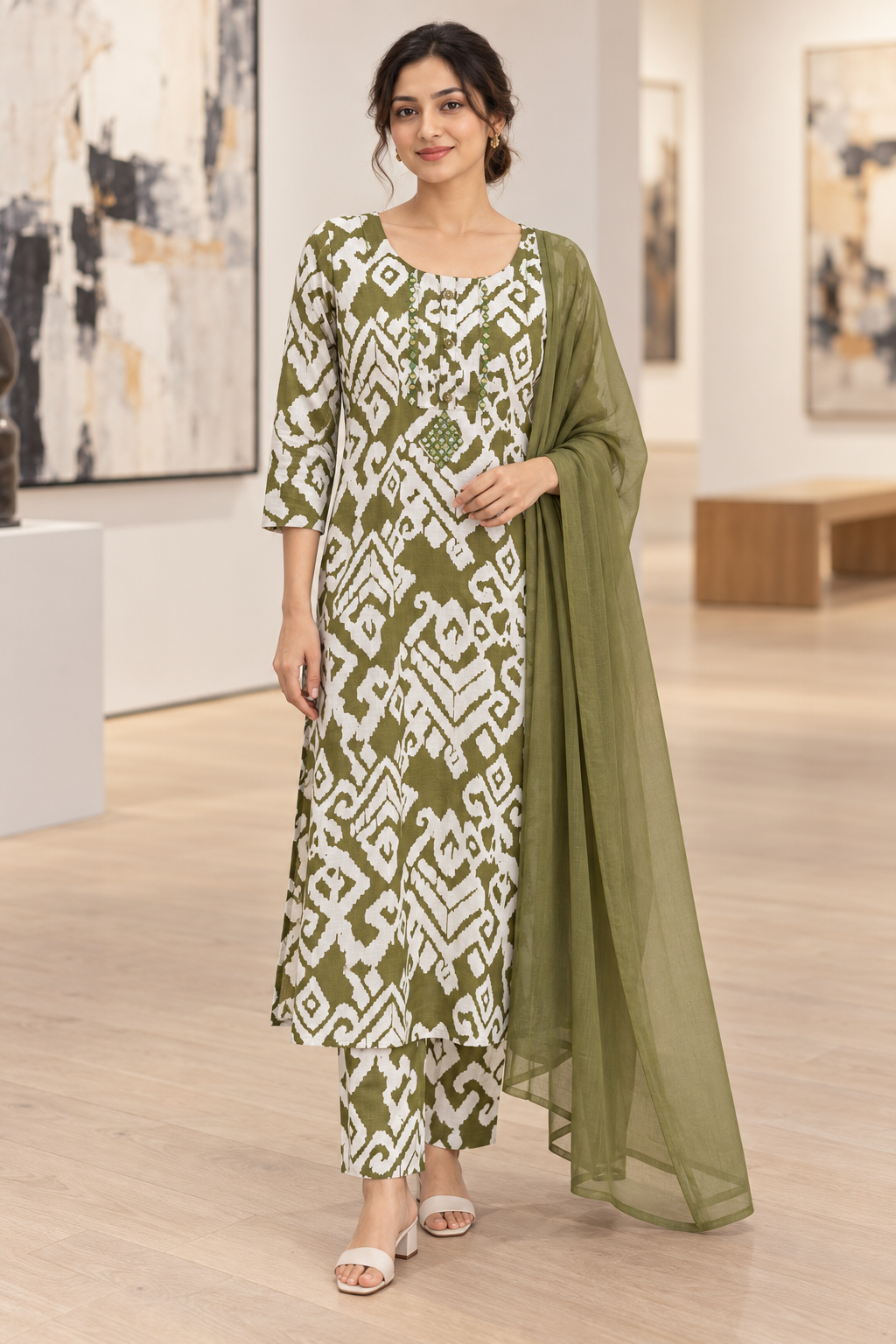 Olive green kurta suit set with mirror work