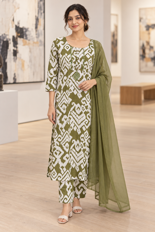 Olive green kurta suit set with mirror work