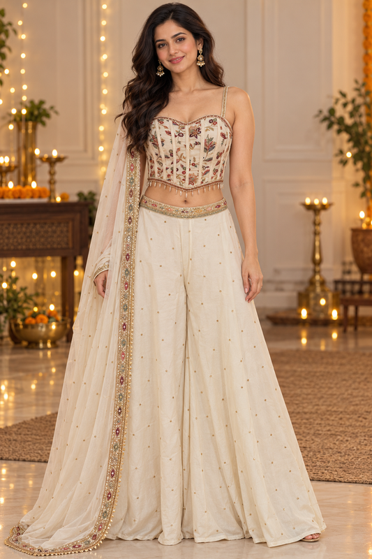 Ivory Floral Corset Sharara Set