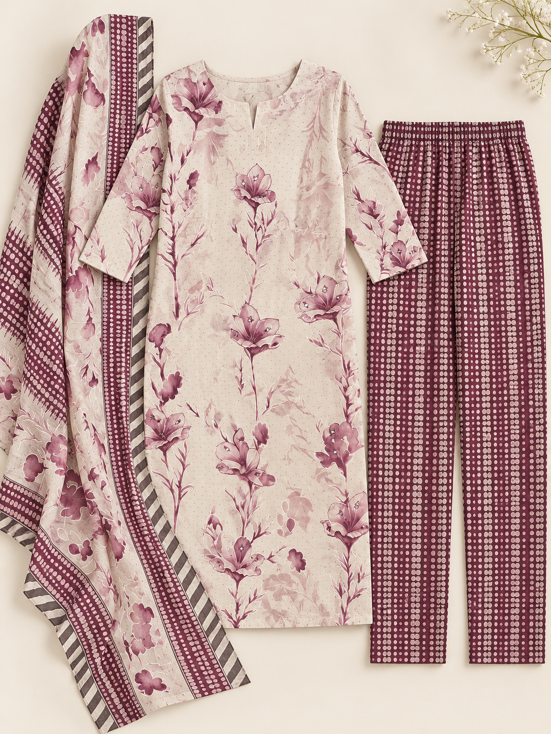 Purple handblock print kurta suit set