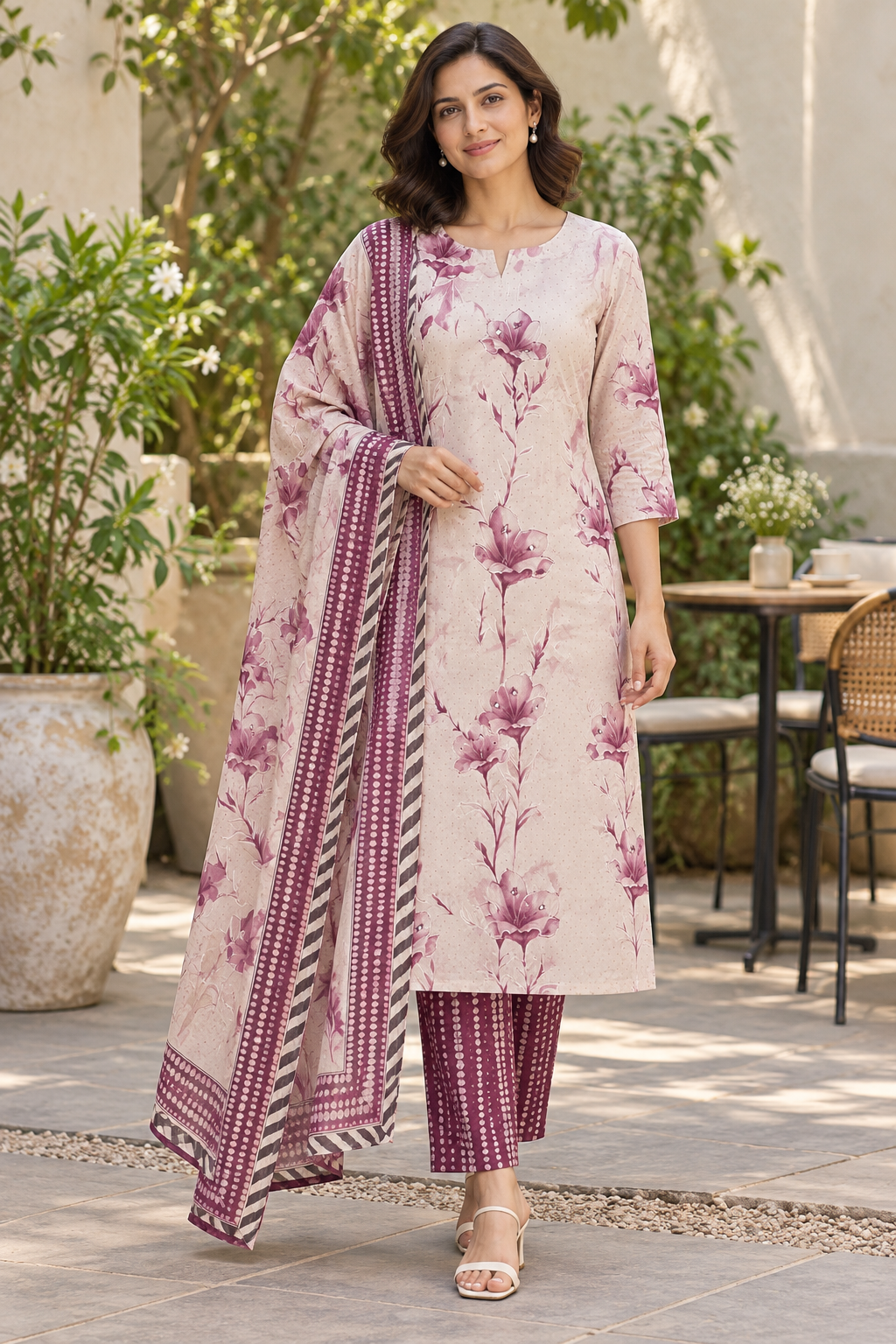 Purple handblock print kurta suit set