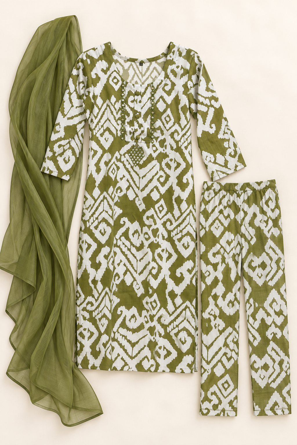 Olive green kurta suit set with mirror work