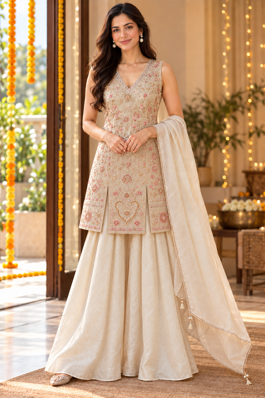 Ivory Floral Embroidered Kurta Suit Set