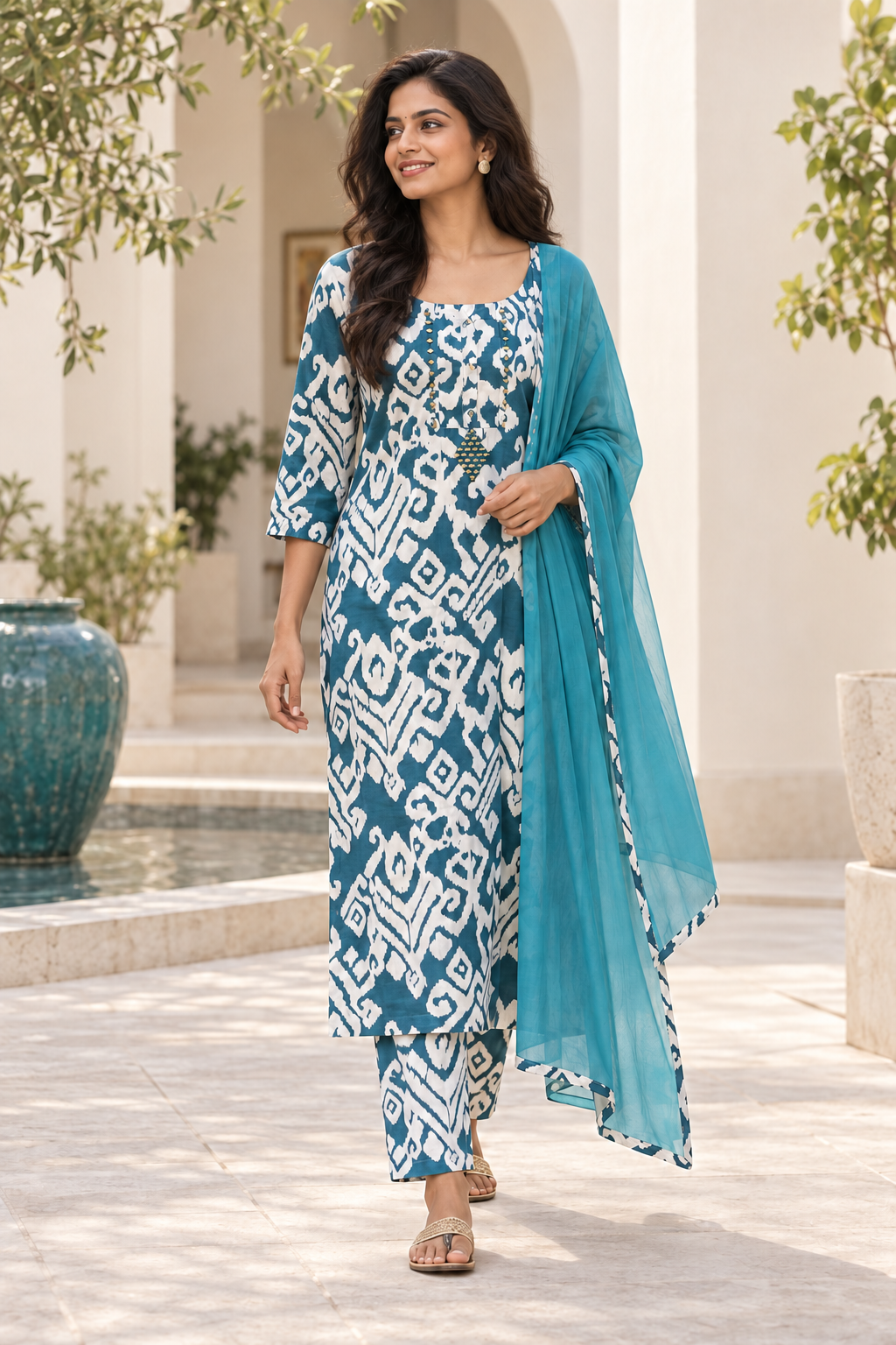 Blue kurta suit set with mirror work