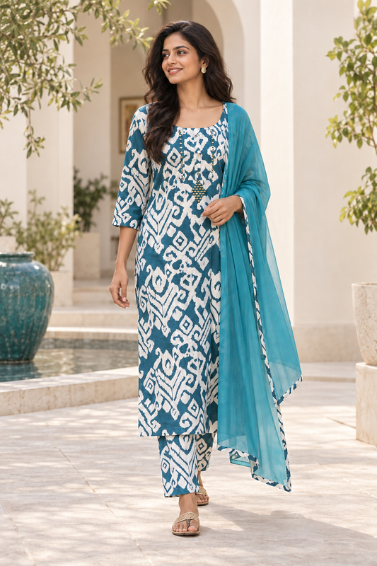 Blue kurta suit set with mirror work
