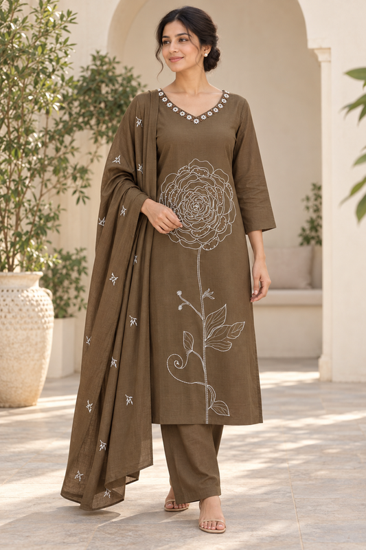 Brown kurta suit set with pearl and thread work