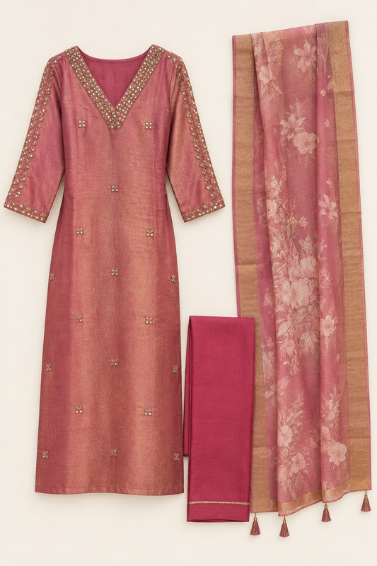 Pink pure tissue shimmer kurta suit set with kolkata handwork