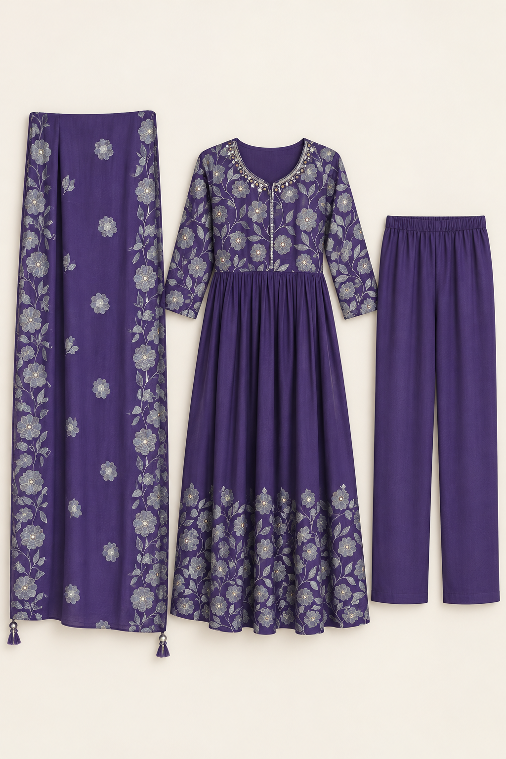 Purple Floral Embroidered Anarkali Set